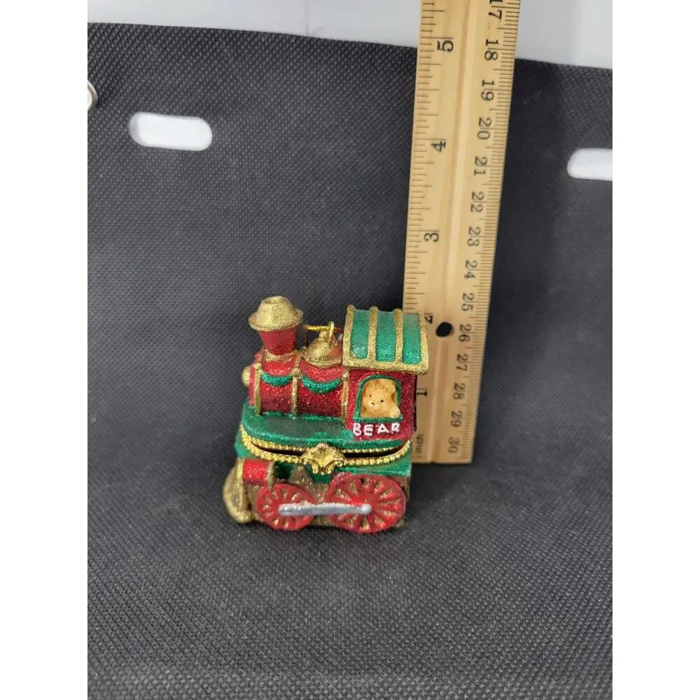 Small Metal Hinged Train Trinket Box w/ Bear Figure Red Green Gold